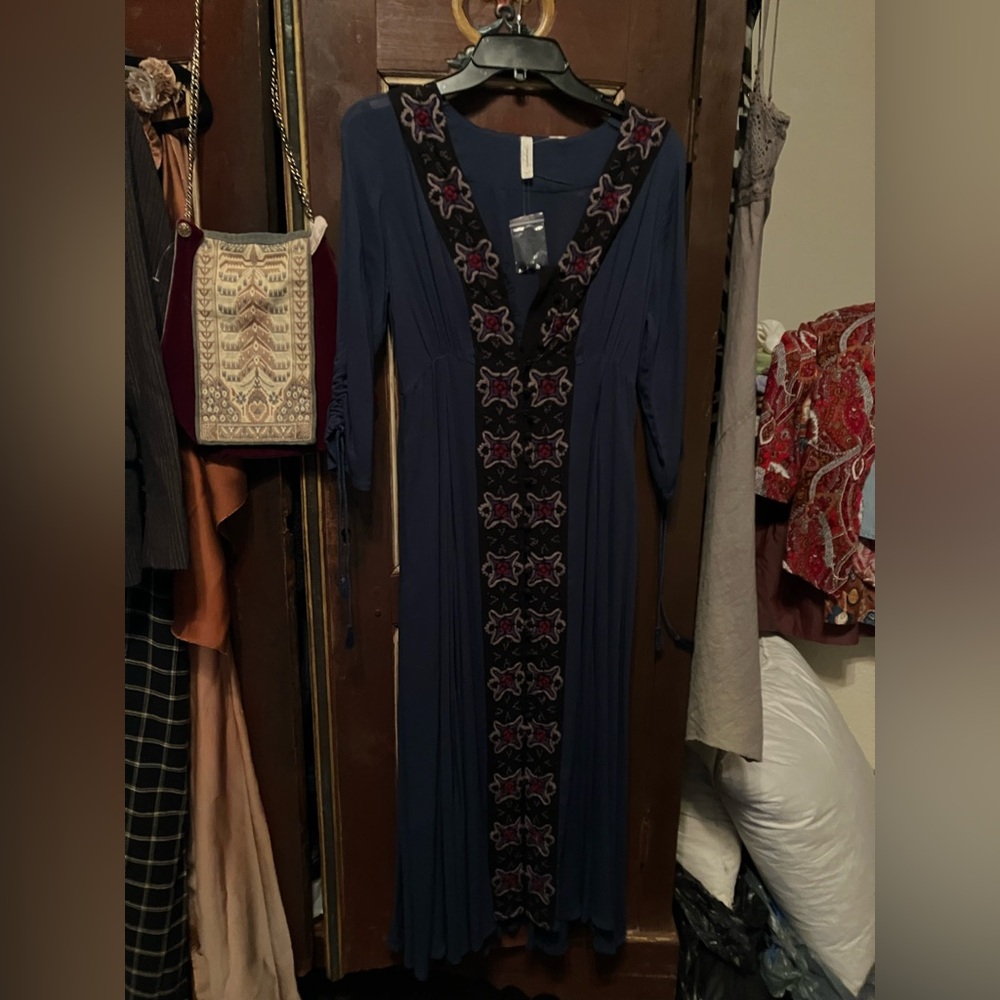 free people Blue and Multicolored Embroidered Dress